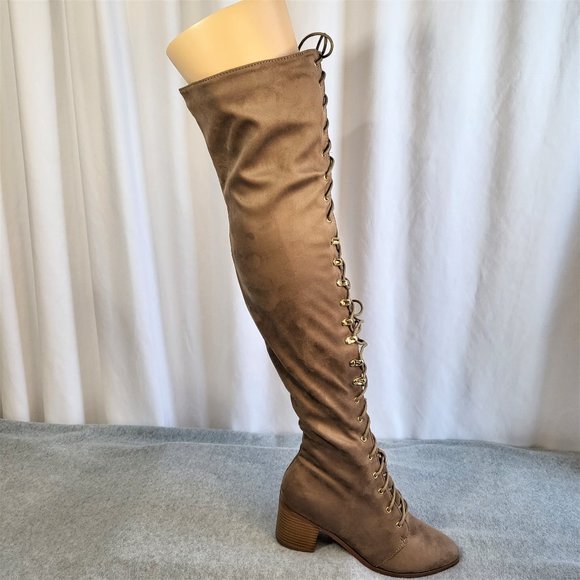 * So Me Taupe (Tan) Over The Knee Lace Up Block Heel Boots - Picture 9 of 12